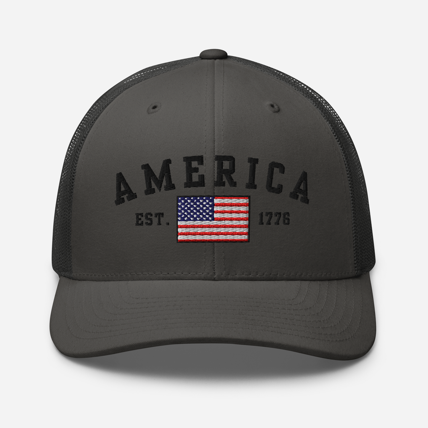 America Est. 1776 Trucker Hat – Black Embroidery, Patriotic Cap for Proud Americans, Perfect Gift for Freedom Lovers - Old Glory 1776 Apparel