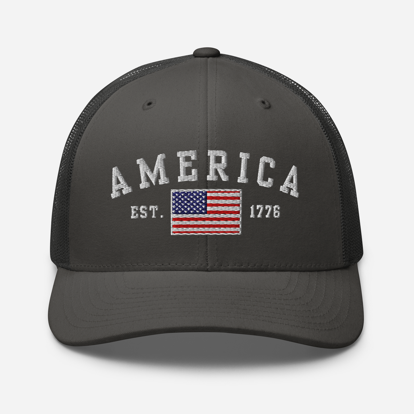 America Est. 1776 Trucker Hat – White Embroidery, Patriotic Cap for Proud Americans, Perfect Gift for Freedom Lovers - Old Glory 1776 Apparel