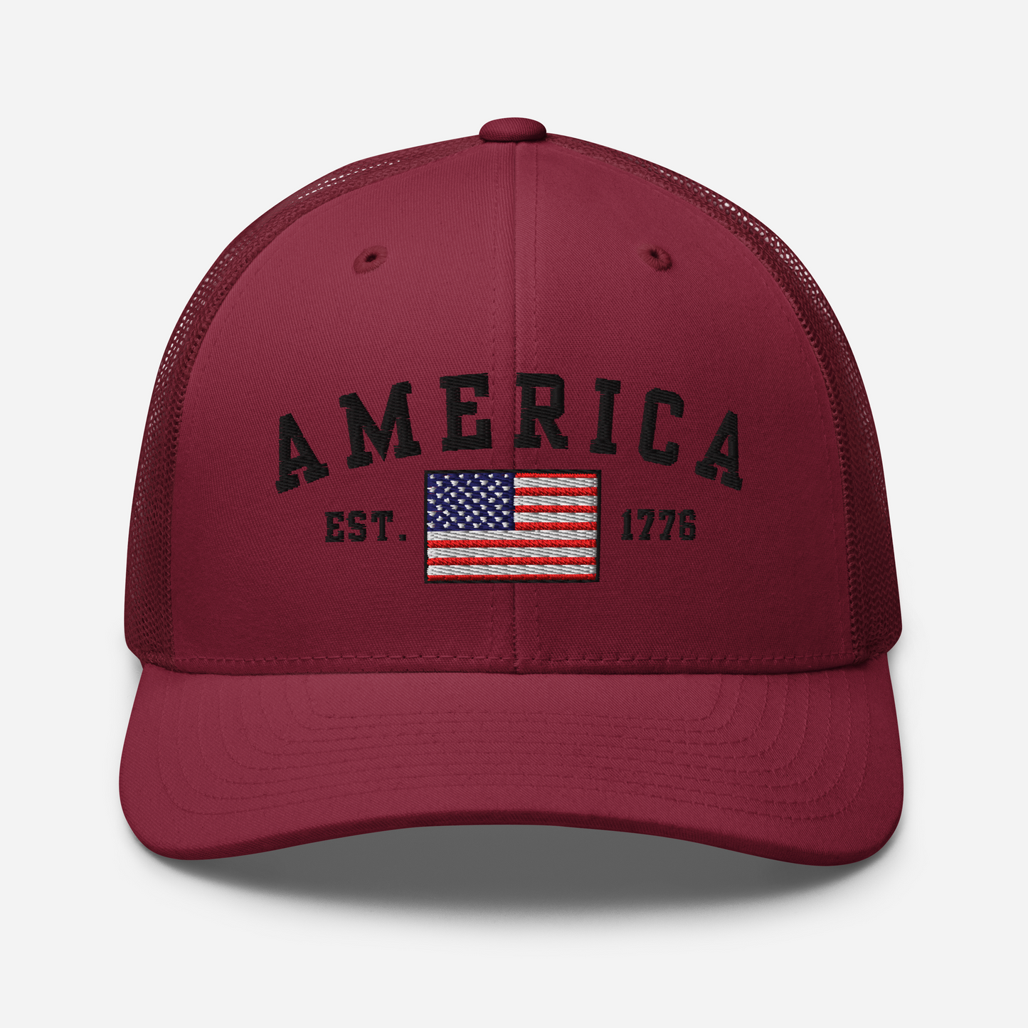 America Est. 1776 Trucker Hat – Black Embroidery, Patriotic Cap for Proud Americans, Perfect Gift for Freedom Lovers - Old Glory 1776 Apparel