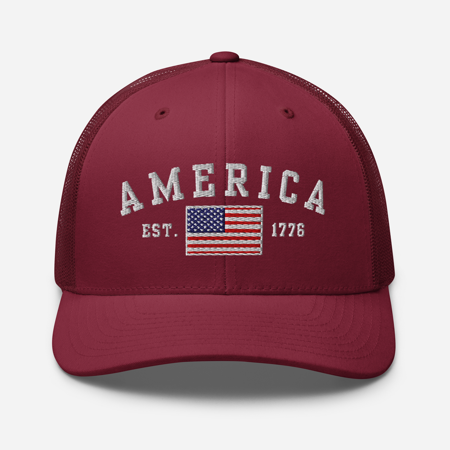 America Est. 1776 Trucker Hat – White Embroidery, Patriotic Cap for Proud Americans, Perfect Gift for Freedom Lovers - Old Glory 1776 Apparel
