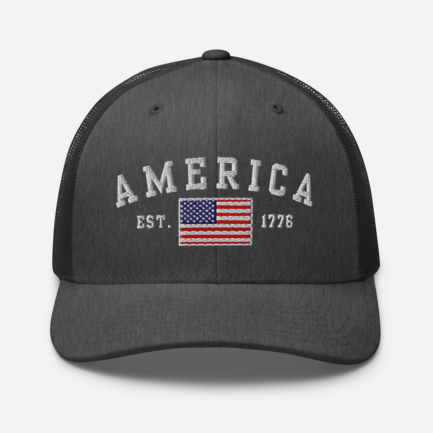 America Est. 1776 Trucker Hat – White Embroidery, Patriotic Cap for Proud Americans, Perfect Gift for Freedom Lovers - Old Glory 1776 Apparel
