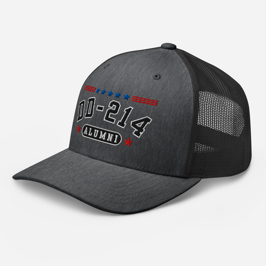 DD-214 Alumni Snapback Trucker Cap - Black Embroidery, Celebrate Your Military Journey! - Old Glory 1776 Apparel