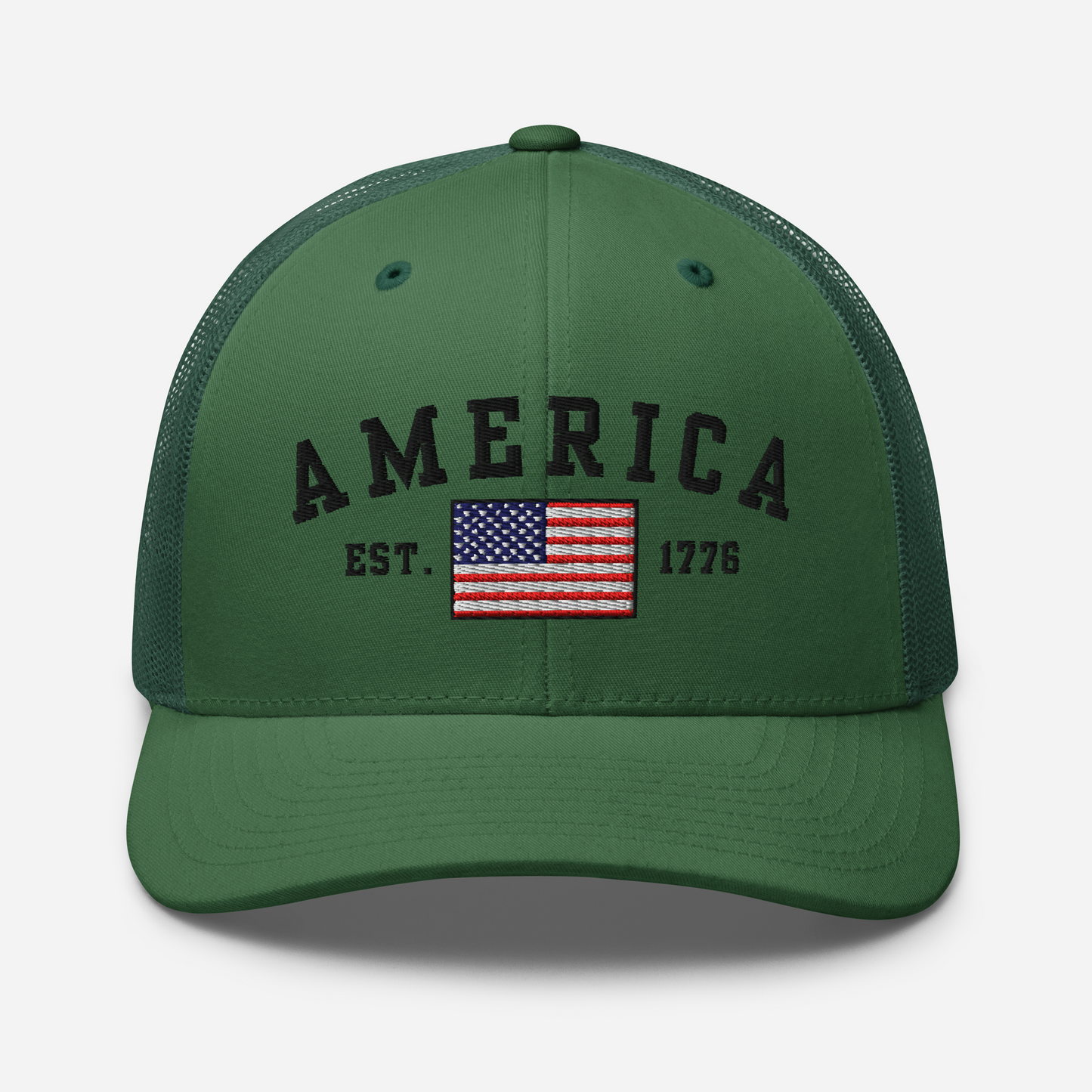 America Est. 1776 Trucker Hat – Black Embroidery, Patriotic Cap for Proud Americans, Perfect Gift for Freedom Lovers - Old Glory 1776 Apparel