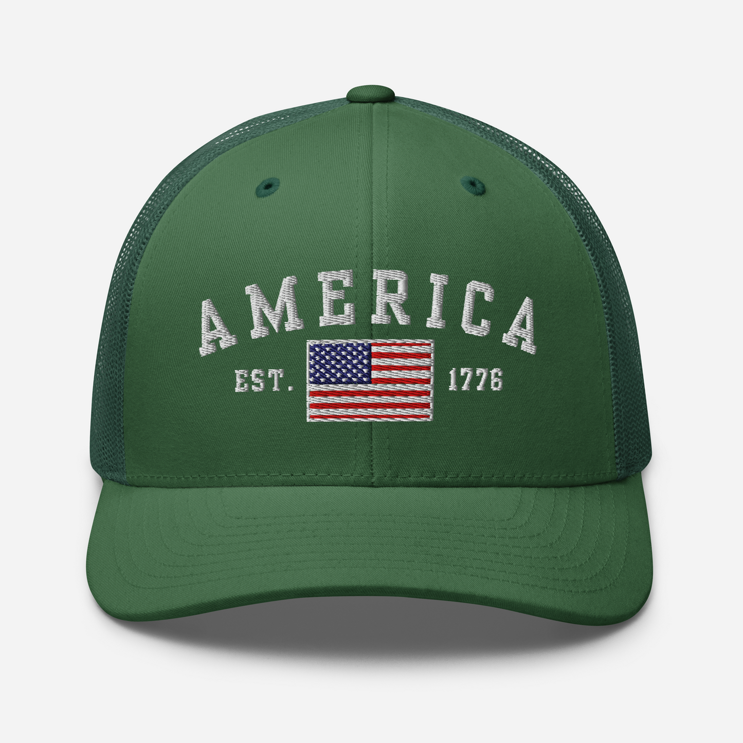 America Est. 1776 Trucker Hat – White Embroidery, Patriotic Cap for Proud Americans, Perfect Gift for Freedom Lovers - Old Glory 1776 Apparel