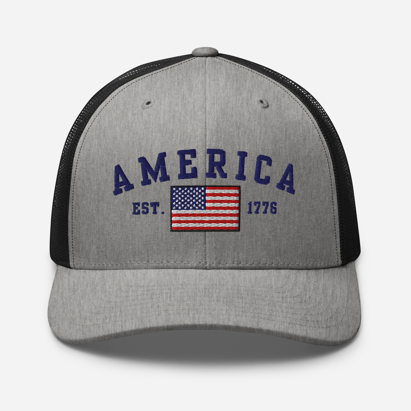 America Est. 1776 Trucker Hat – Blue Embroidery, Patriotic Cap for Proud Americans, Perfect Gift for Freedom Lovers - Old Glory 1776 Apparel