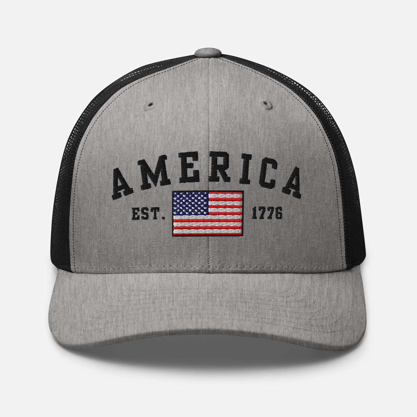 America Est. 1776 Trucker Hat – Black Embroidery, Patriotic Cap for Proud Americans, Perfect Gift for Freedom Lovers - Old Glory 1776 Apparel