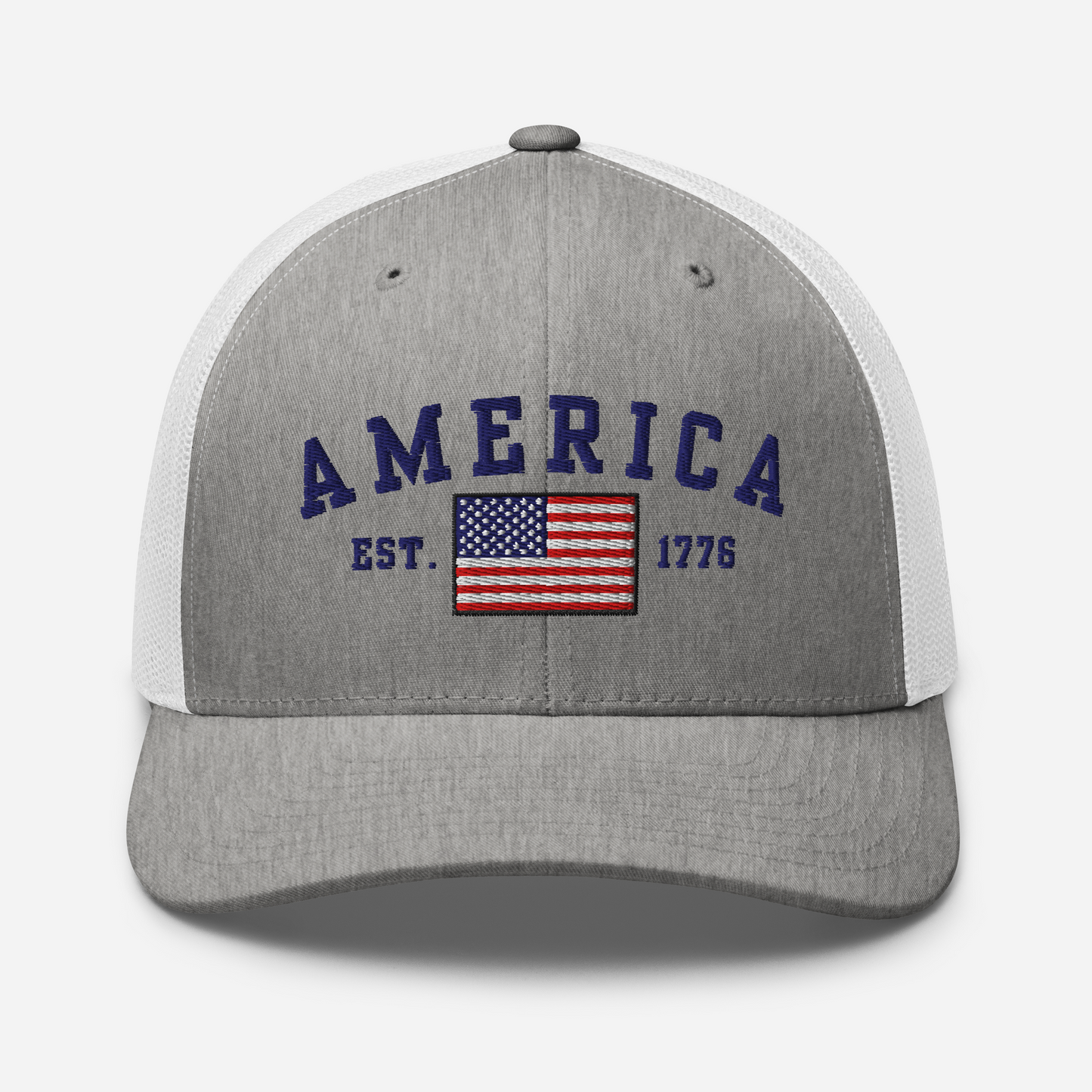 America Est. 1776 Trucker Hat – Blue Embroidery, Patriotic Cap for Proud Americans, Perfect Gift for Freedom Lovers - Old Glory 1776 Apparel