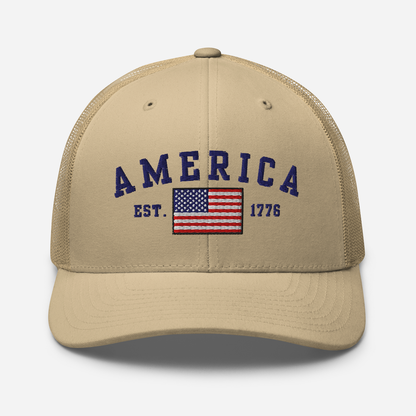 America Est. 1776 Trucker Hat – Blue Embroidery, Patriotic Cap for Proud Americans, Perfect Gift for Freedom Lovers - Old Glory 1776 Apparel