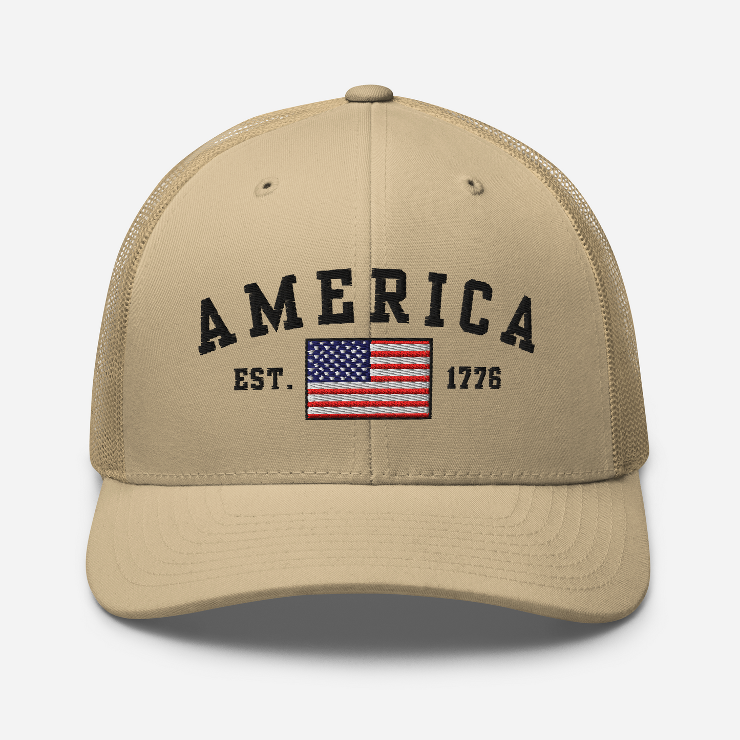 America Est. 1776 Trucker Hat – Black Embroidery, Patriotic Cap for Proud Americans, Perfect Gift for Freedom Lovers - Old Glory 1776 Apparel