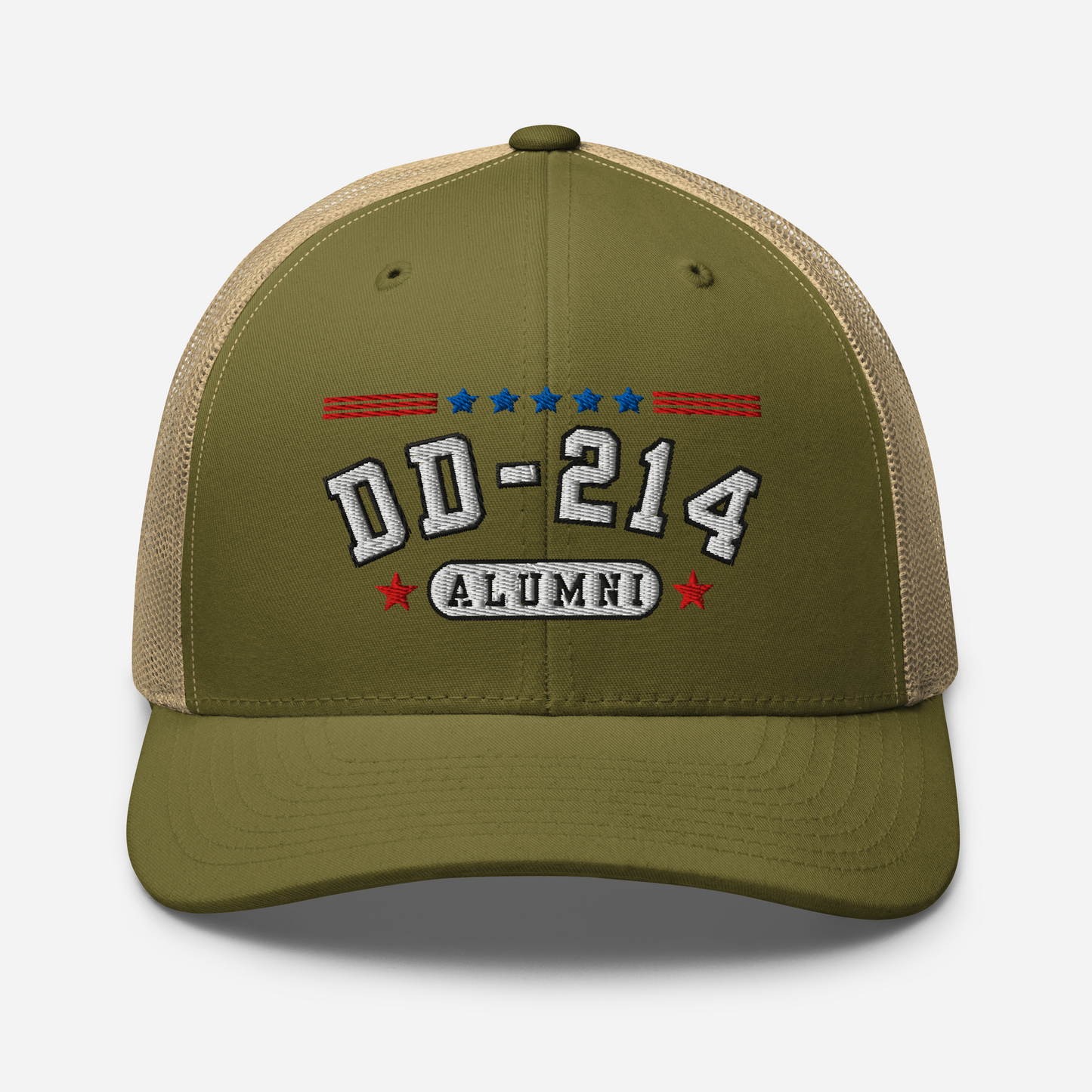 DD-214 Alumni Snapback Trucker Cap - White Embroidery, Celebrate Your Military Journey! - Old Glory 1776 Apparel