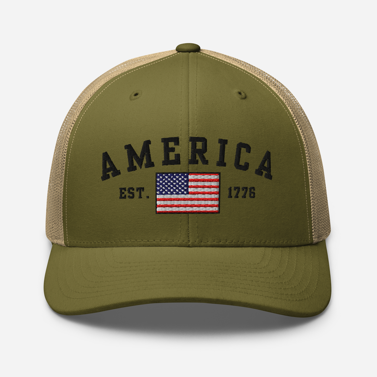 America Est. 1776 Trucker Hat – Black Embroidery, Patriotic Cap for Proud Americans, Perfect Gift for Freedom Lovers - Old Glory 1776 Apparel