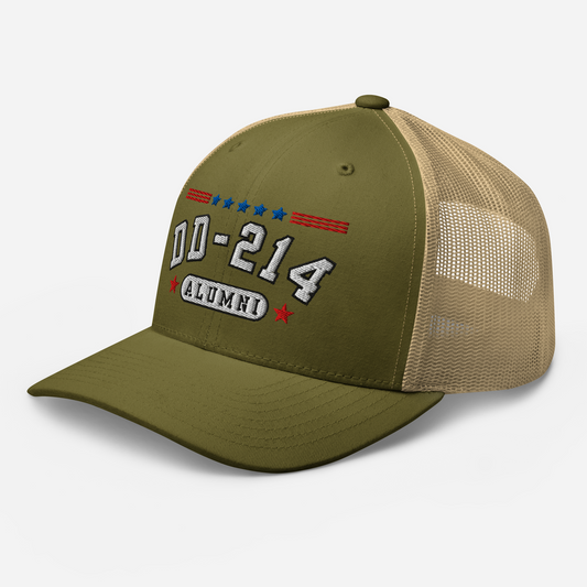 DD-214 Alumni Snapback Trucker Cap - White Embroidery, Celebrate Your Military Journey! - Old Glory 1776 Apparel