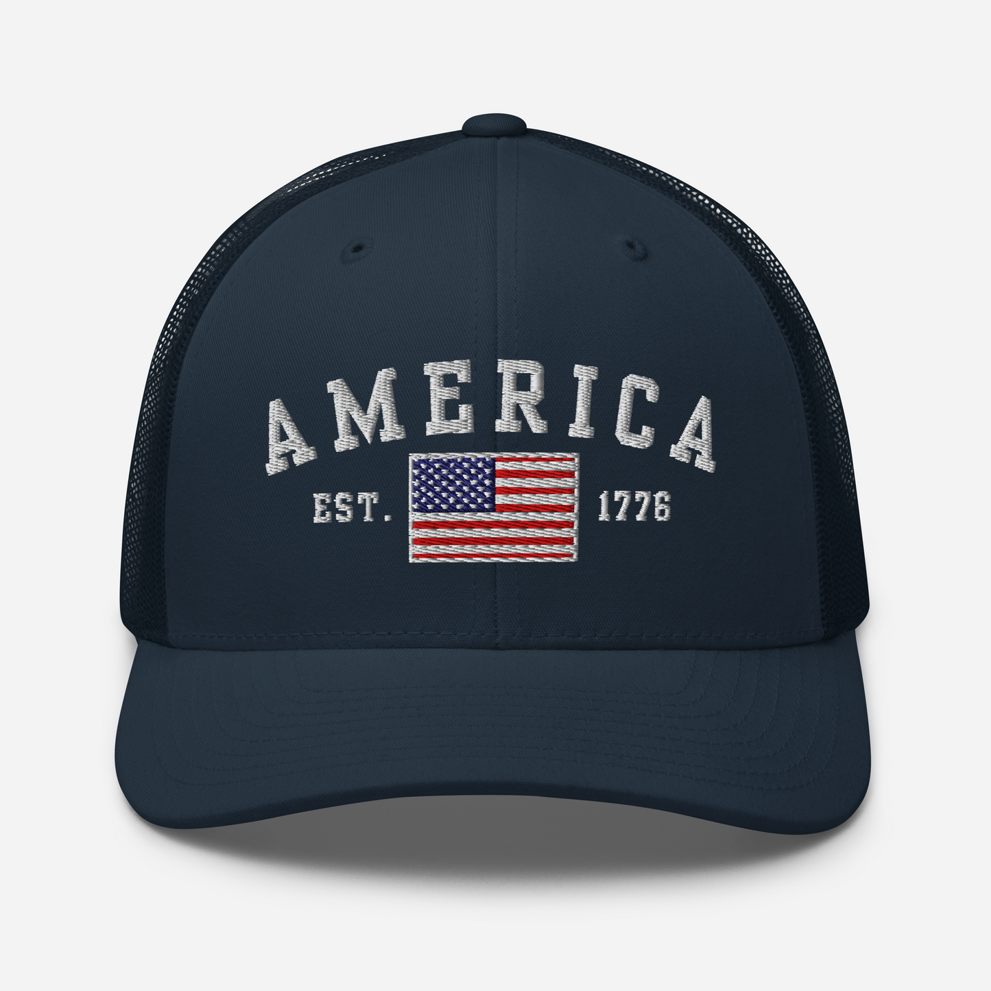 America Est. 1776 Trucker Hat – White Embroidery, Patriotic Cap for Proud Americans, Perfect Gift for Freedom Lovers - Old Glory 1776 Apparel