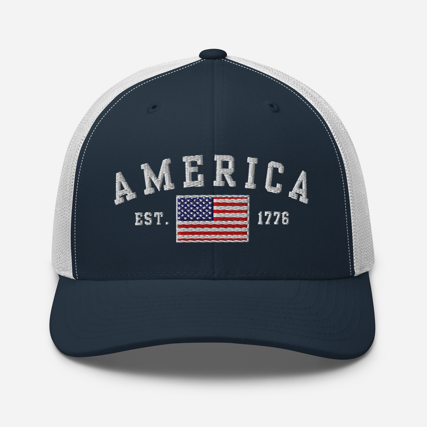 America Est. 1776 Trucker Hat – White Embroidery, Patriotic Cap for Proud Americans, Perfect Gift for Freedom Lovers - Old Glory 1776 Apparel