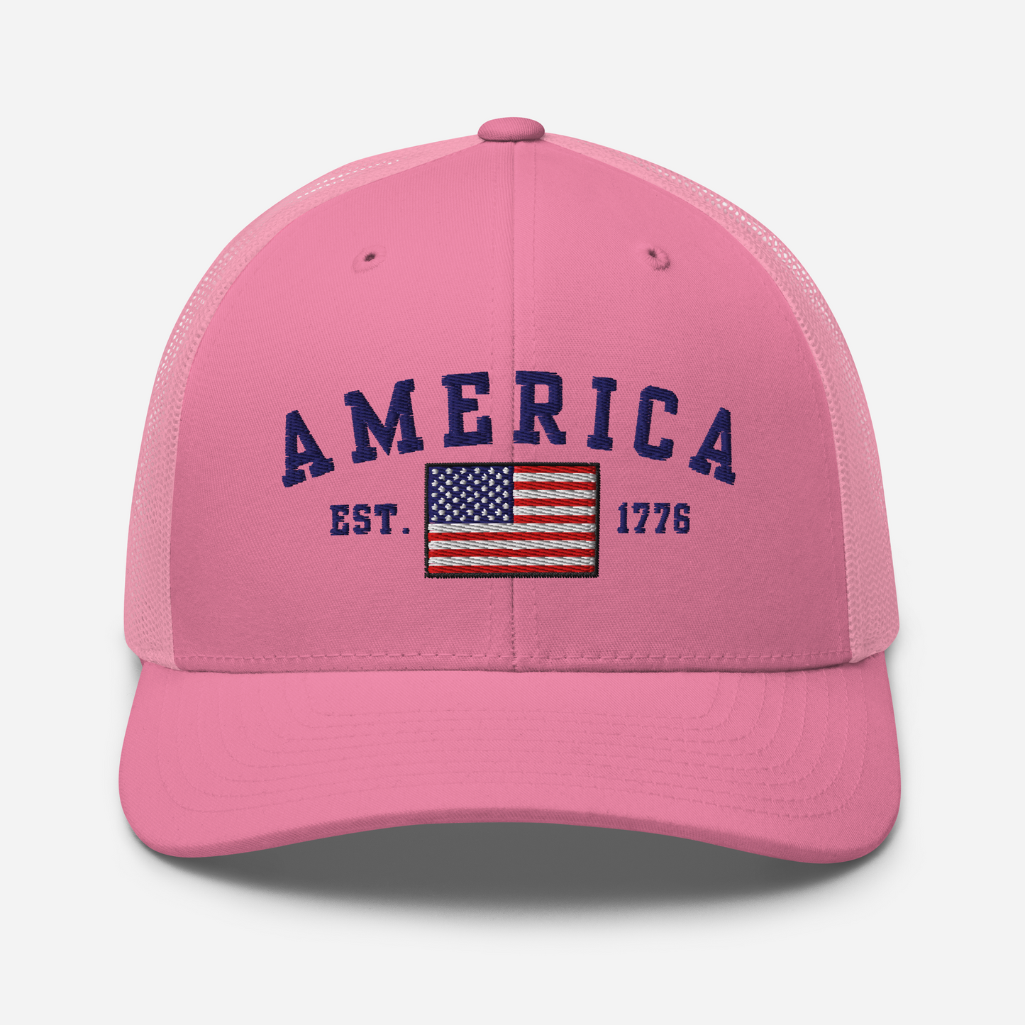 America Est. 1776 Trucker Hat – Blue Embroidery, Patriotic Cap for Proud Americans, Perfect Gift for Freedom Lovers - Old Glory 1776 Apparel