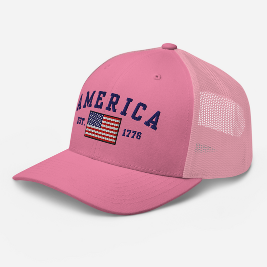 America Est. 1776 Trucker Hat – Blue Embroidery, Patriotic Cap for Proud Americans, Perfect Gift for Freedom Lovers - Old Glory 1776 Apparel