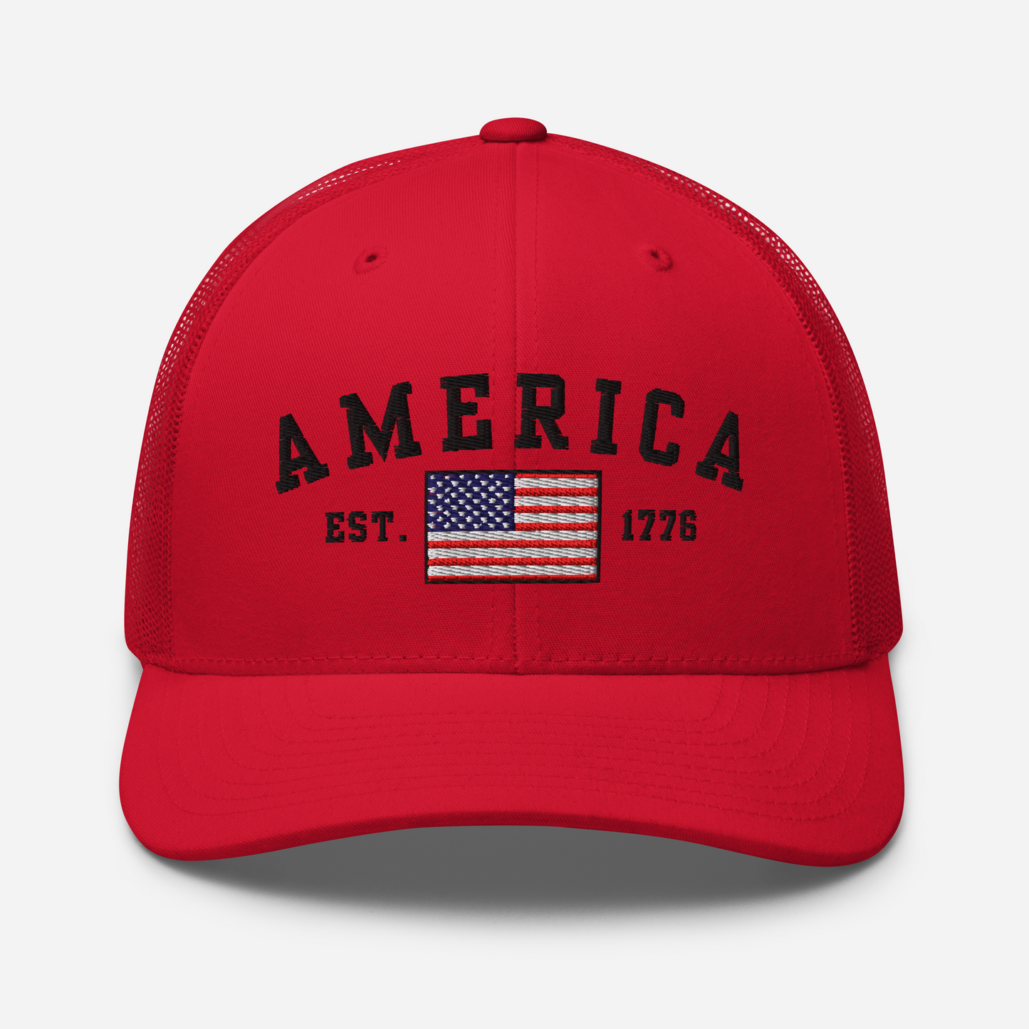 America Est. 1776 Trucker Hat – Black Embroidery, Patriotic Cap for Proud Americans, Perfect Gift for Freedom Lovers - Old Glory 1776 Apparel