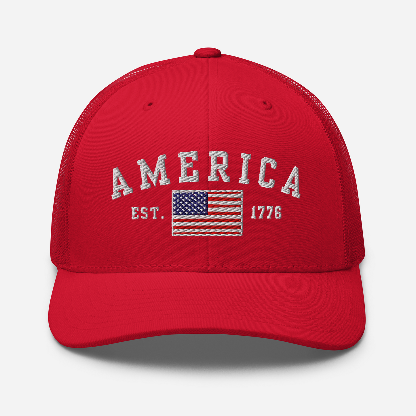 America Est. 1776 Trucker Hat – White Embroidery, Patriotic Cap for Proud Americans, Perfect Gift for Freedom Lovers - Old Glory 1776 Apparel