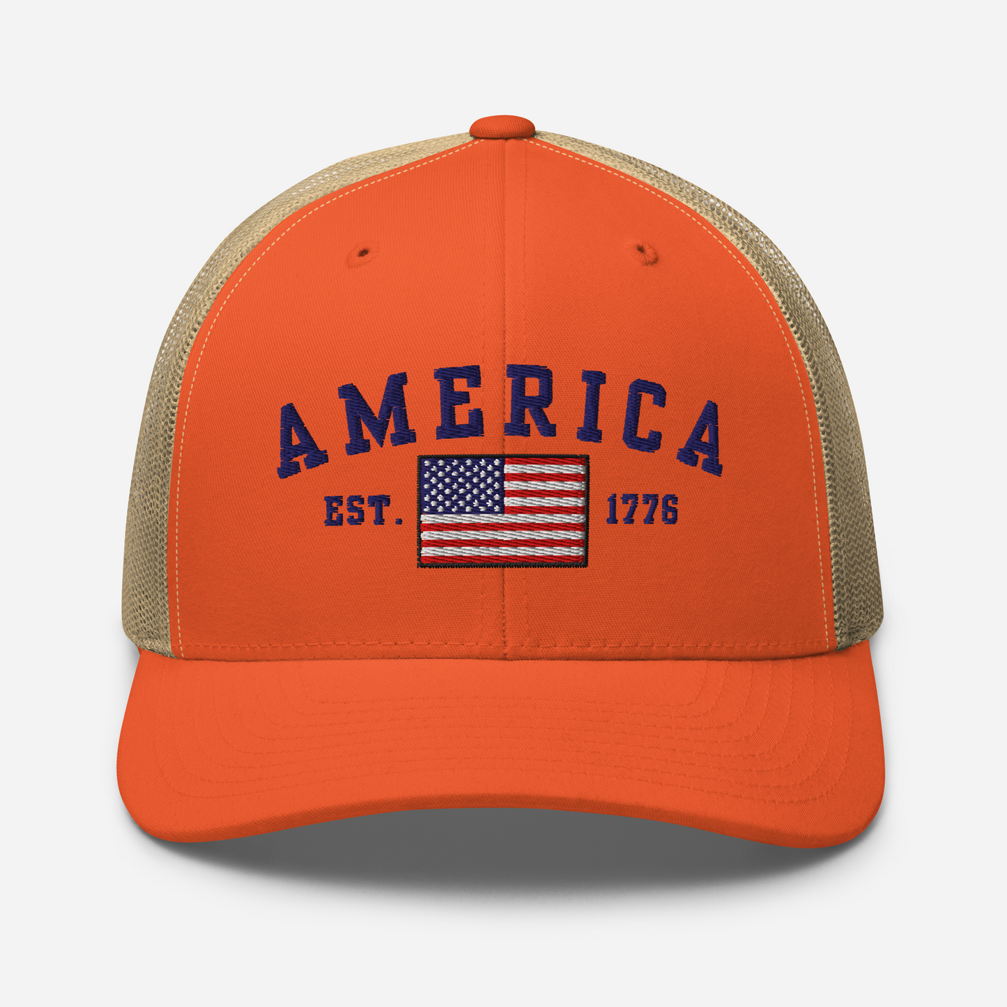 America Est. 1776 Trucker Hat – Blue Embroidery, Patriotic Cap for Proud Americans, Perfect Gift for Freedom Lovers - Old Glory 1776 Apparel