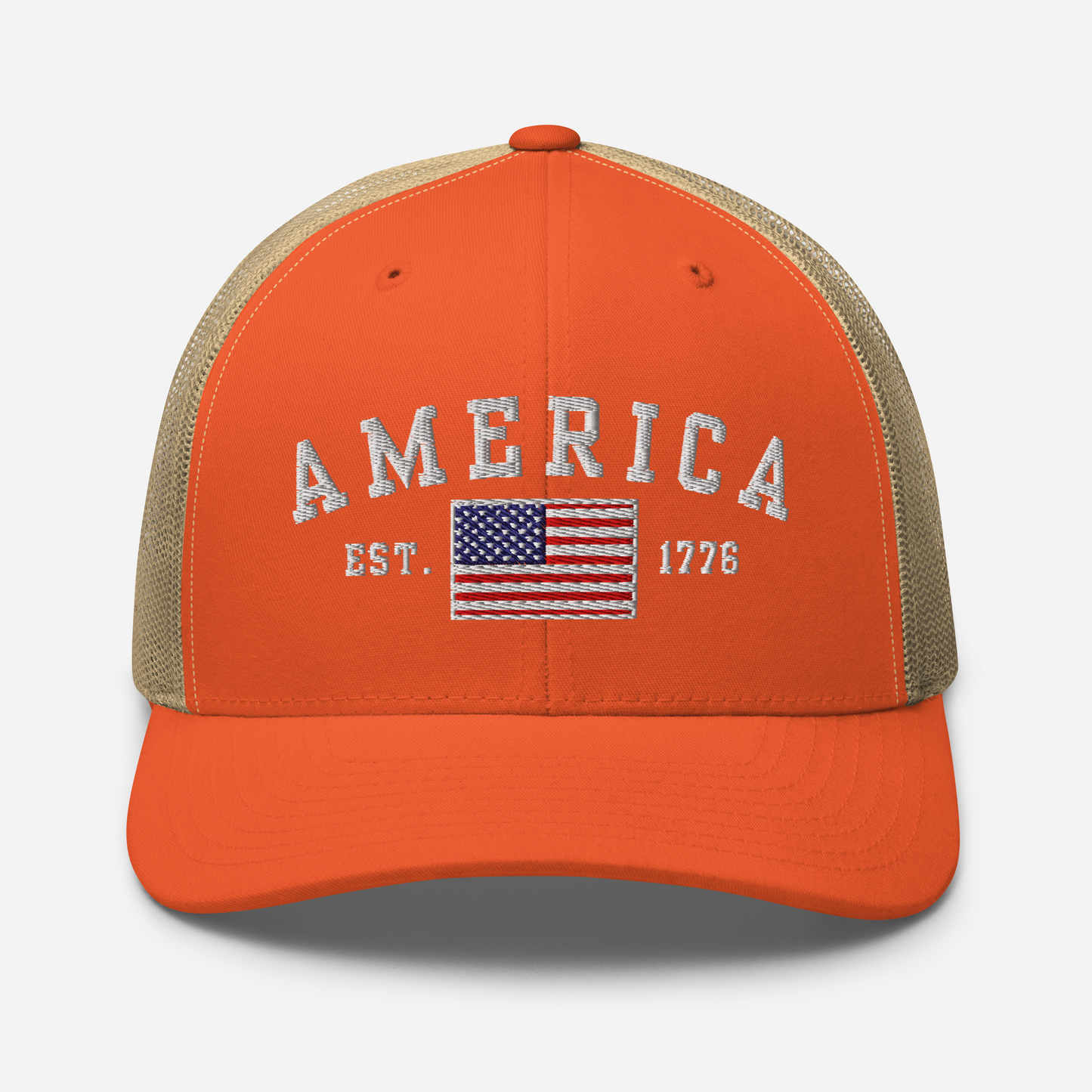 America Est. 1776 Trucker Hat – White Embroidery, Patriotic Cap for Proud Americans, Perfect Gift for Freedom Lovers - Old Glory 1776 Apparel