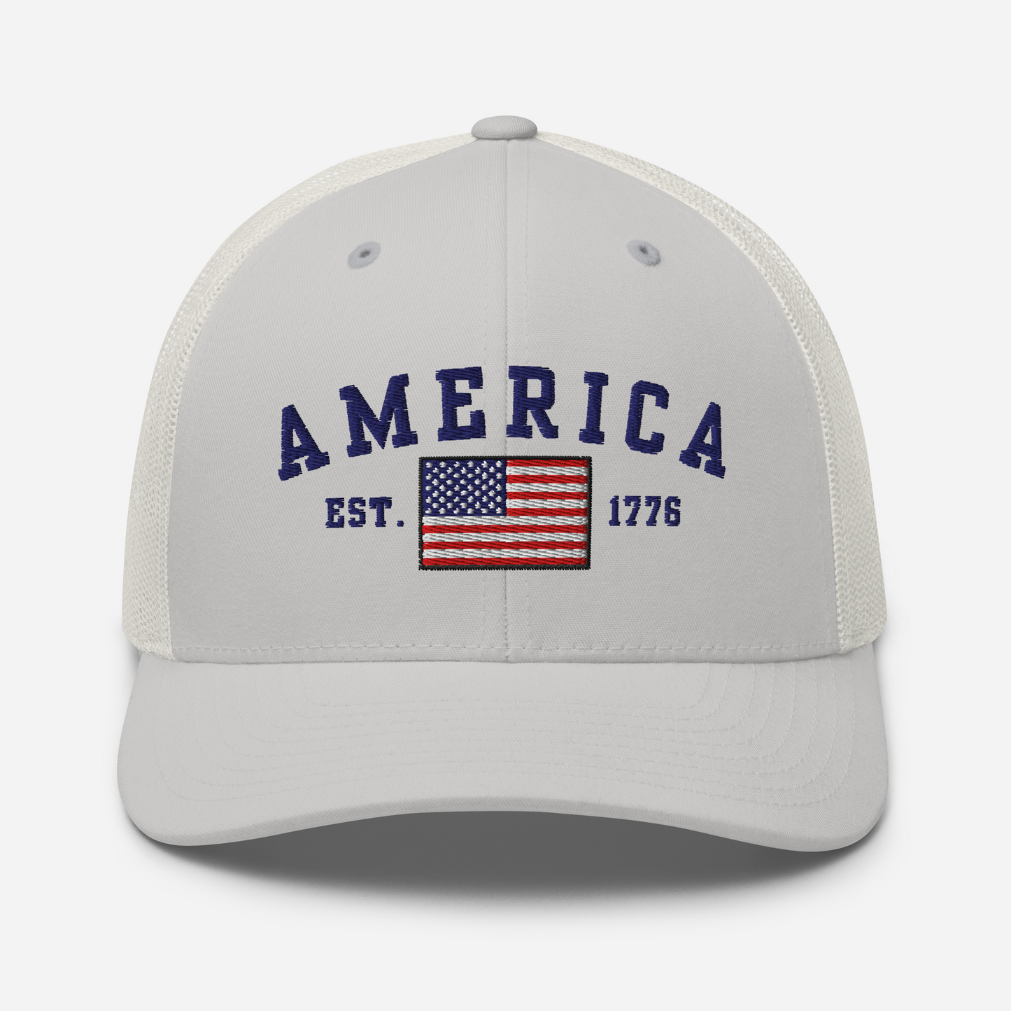 America Est. 1776 Trucker Hat – Blue Embroidery, Patriotic Cap for Proud Americans, Perfect Gift for Freedom Lovers - Old Glory 1776 Apparel