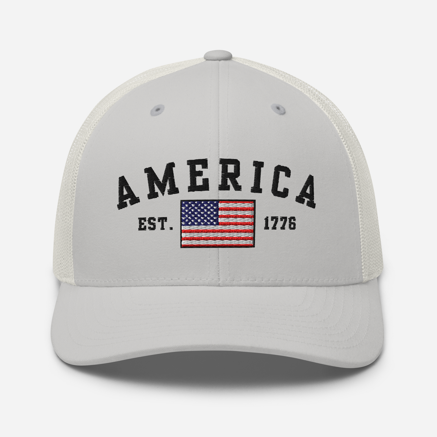 America Est. 1776 Trucker Hat – Black Embroidery, Patriotic Cap for Proud Americans, Perfect Gift for Freedom Lovers - Old Glory 1776 Apparel