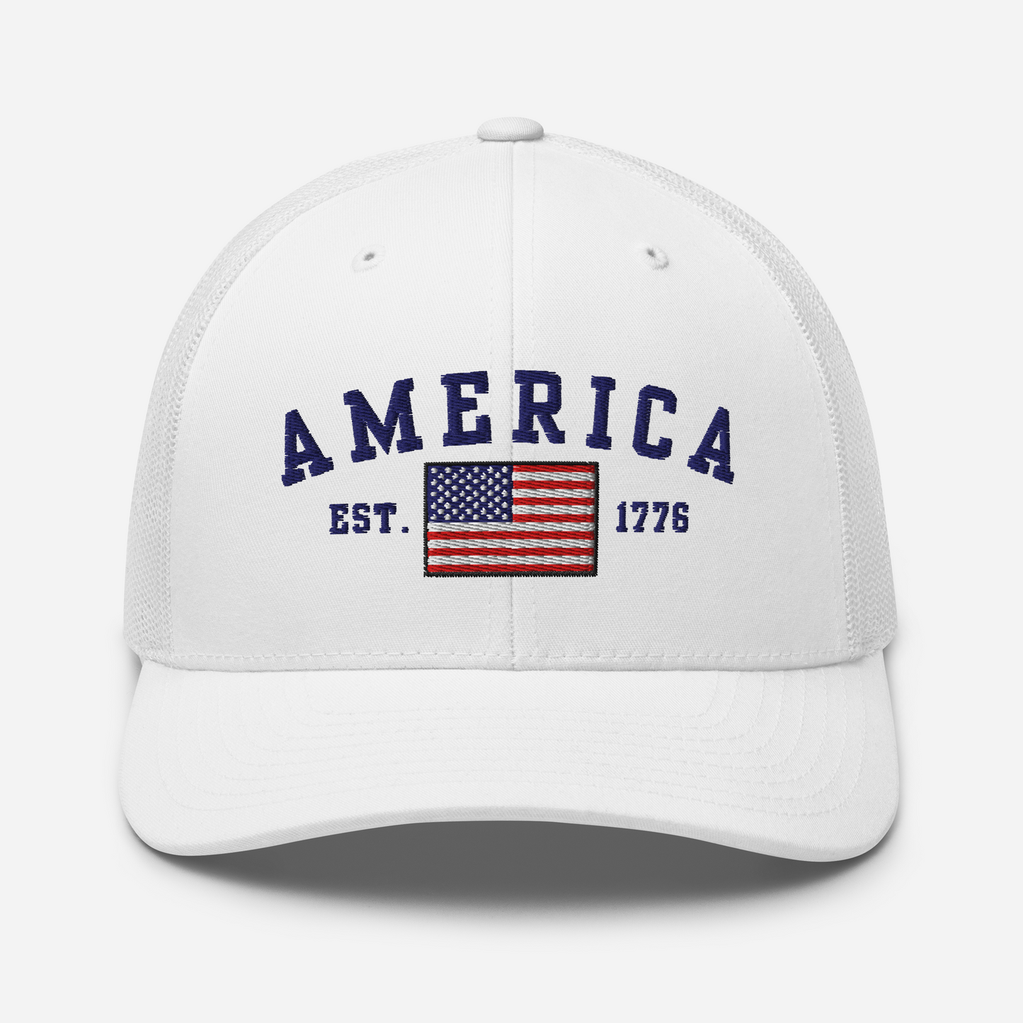 America Est. 1776 Trucker Hat – Blue Embroidery, Patriotic Cap for Proud Americans, Perfect Gift for Freedom Lovers - Old Glory 1776 Apparel