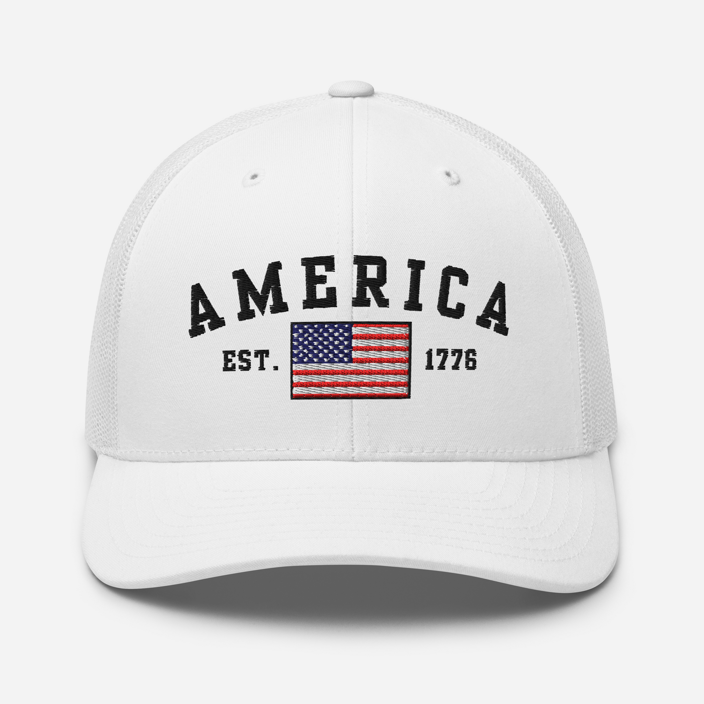 America Est. 1776 Trucker Hat – Black Embroidery, Patriotic Cap for Proud Americans, Perfect Gift for Freedom Lovers - Old Glory 1776 Apparel