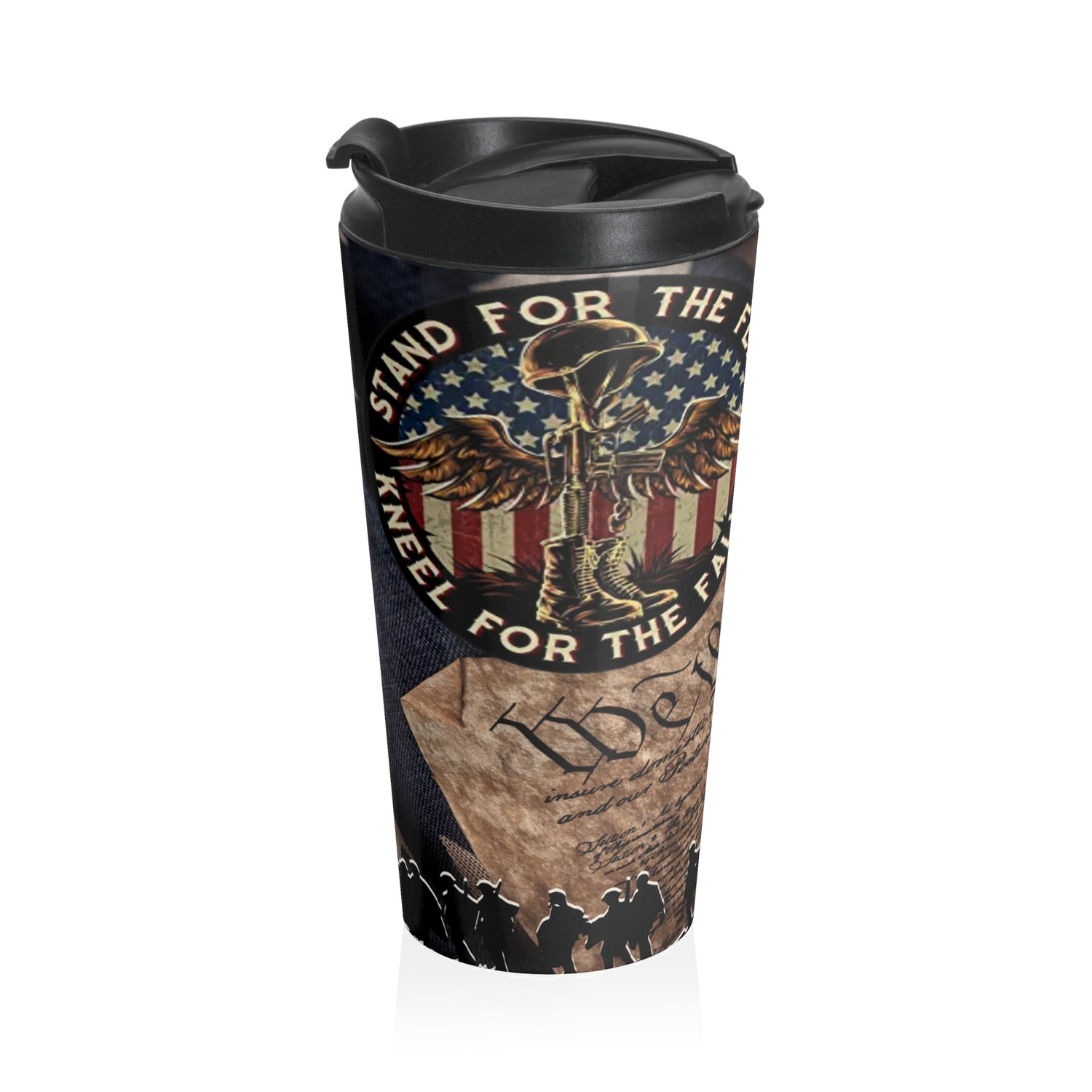 Stand For The Flag, Kneel For The Fallen 15oz Stainless Steel Travel Tumbler, Military Support Coffee Cup - Old Glory 1776 Apparel