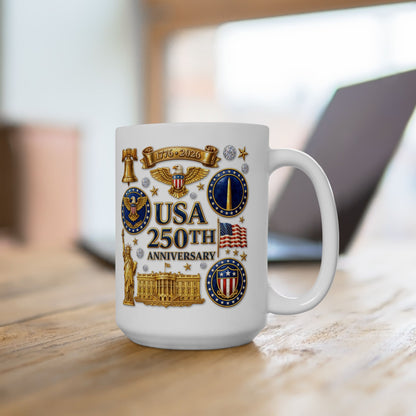 Patriotic US Symbols Ceramic Mug – Liberty Bell, Eagle & Statues 11oz/15oz