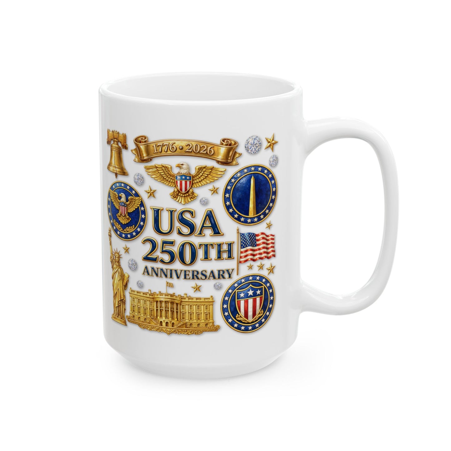 Patriotic US Symbols Ceramic Mug – Liberty Bell, Eagle & Statues 11oz/15oz