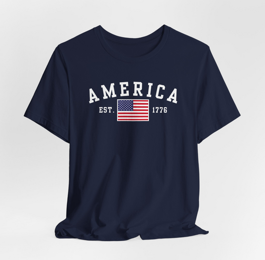 America Est 1776 Patriotic Unisex T-Shirt, Celebrate Freedom and Liberty, USA Tee, Independence Day Shirt - Premium T-Shirt from Old Glory 1776 Apparel - Just $26.99! Shop now at Old Glory 1776 Apparel