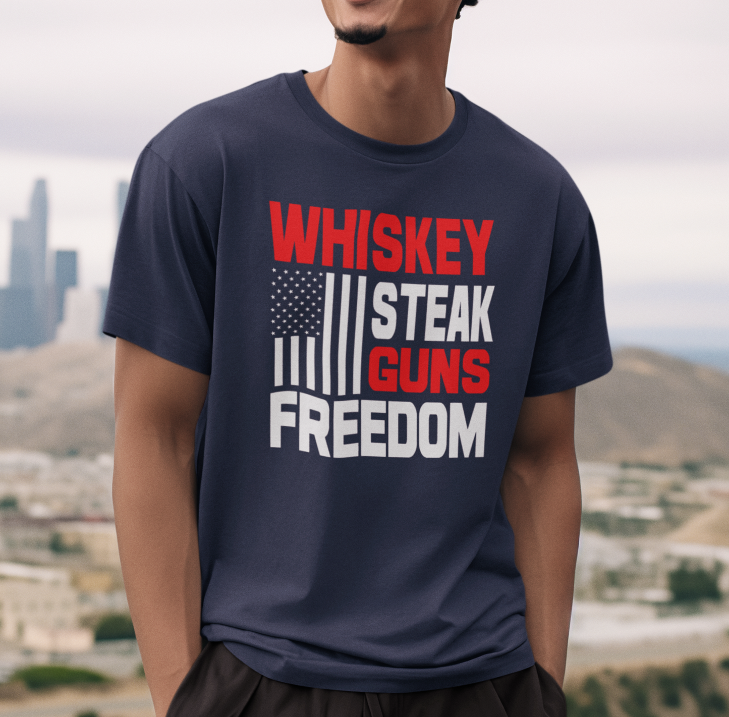 Whiskey, Steak, Guns & Freedom Patriotic Unisex T-Shirt, American Flag, Freedom Tee, USA gift