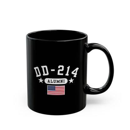 Veteran Retirement Black Mug, DD-214 Alumni Coffee Cup, 11oz & 15oz, Military Appreciation Gift, Personalized Mug, US Flag Ceramic Drinkware