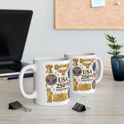 Patriotic US Symbols Ceramic Mug – Liberty Bell, Eagle & Statues 11oz/15oz