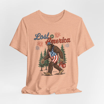Lost in America Bigfoot Tee, Casual Summer Shirt, Outdoor Adventure Tee, Fun Gift for Nature Lovers, Festival Outfit, Patriotic Apparel