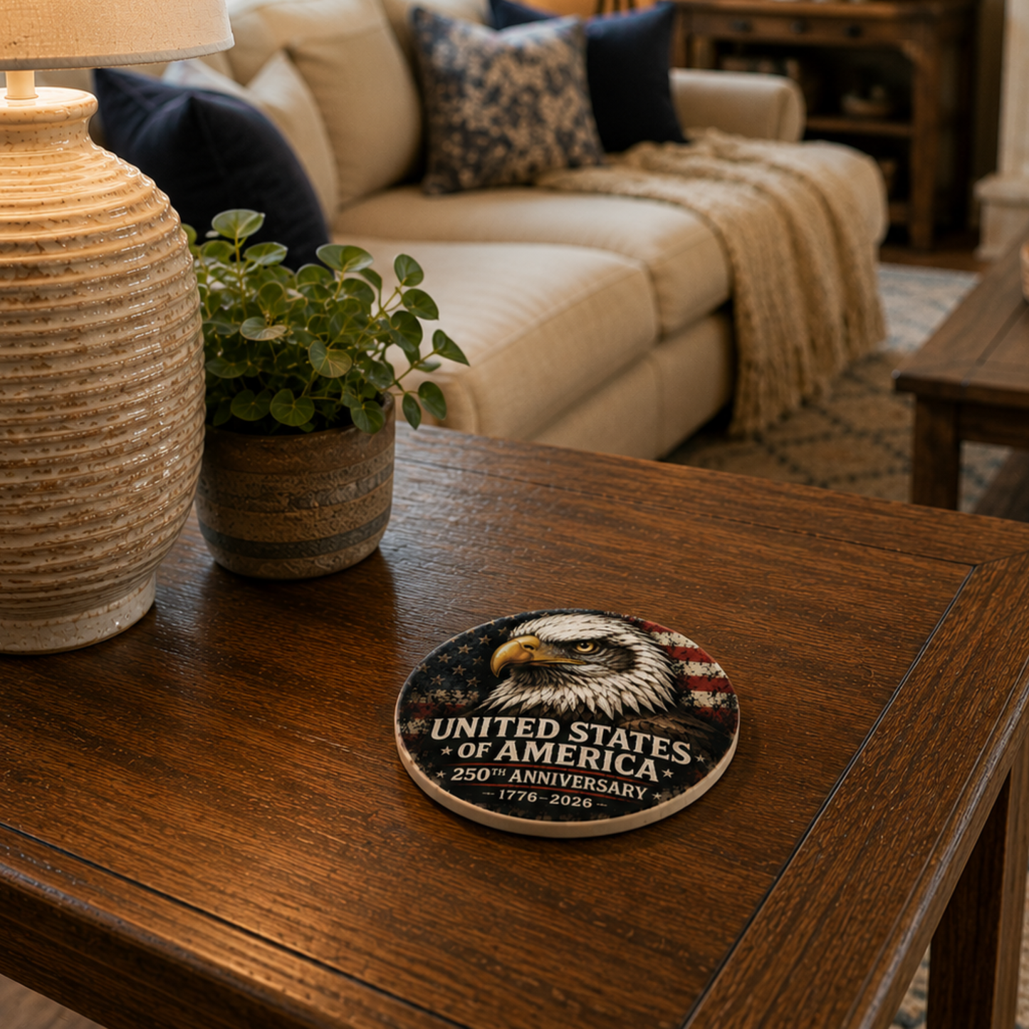 250th Anniversary USA Eagle Ceramic Coaster — United States of America Patriotic Drink Coaster