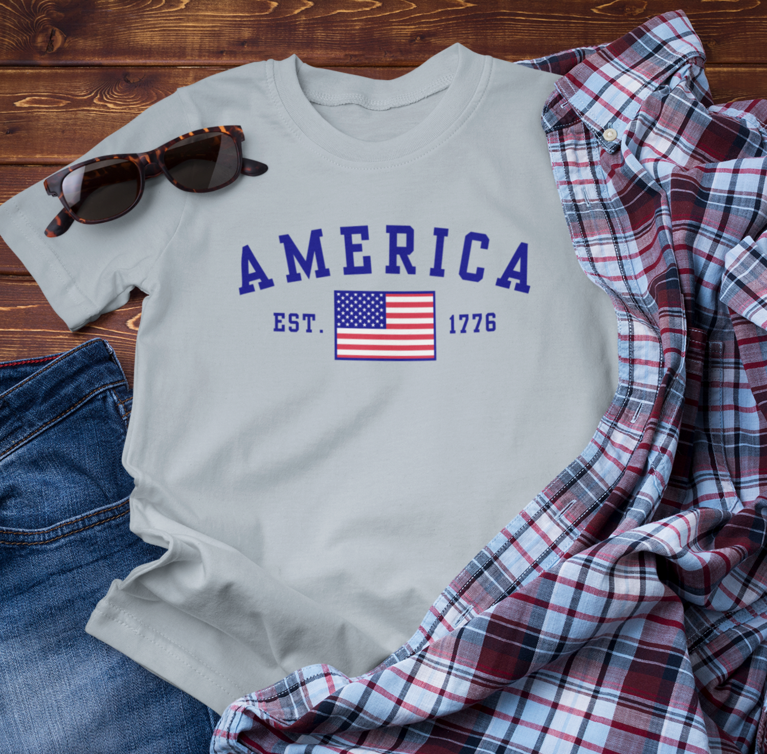 America Est 1776 Patriotic Unisex T-Shirt (Blue Print) Celebrate Freedom and Liberty, Independence Day Shirt - Old Glory 1776 Apparel