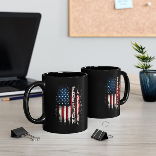 Bold FREEDOM USA Mug – 11oz/15oz Black Ceramic, American Pride