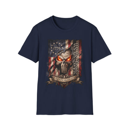 Patriotic Skull T-Shirt — "Liberty or Death" American Flag Graphic