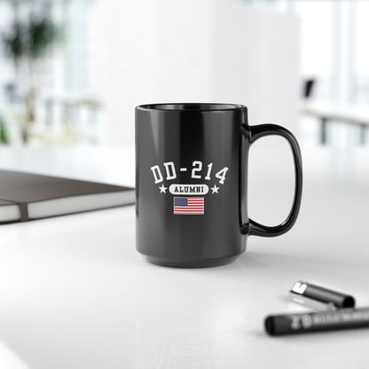 Veteran Retirement Black Mug, DD-214 Alumni Coffee Cup, 11oz & 15oz, Military Appreciation Gift, Personalized Mug, US Flag Ceramic Drinkware