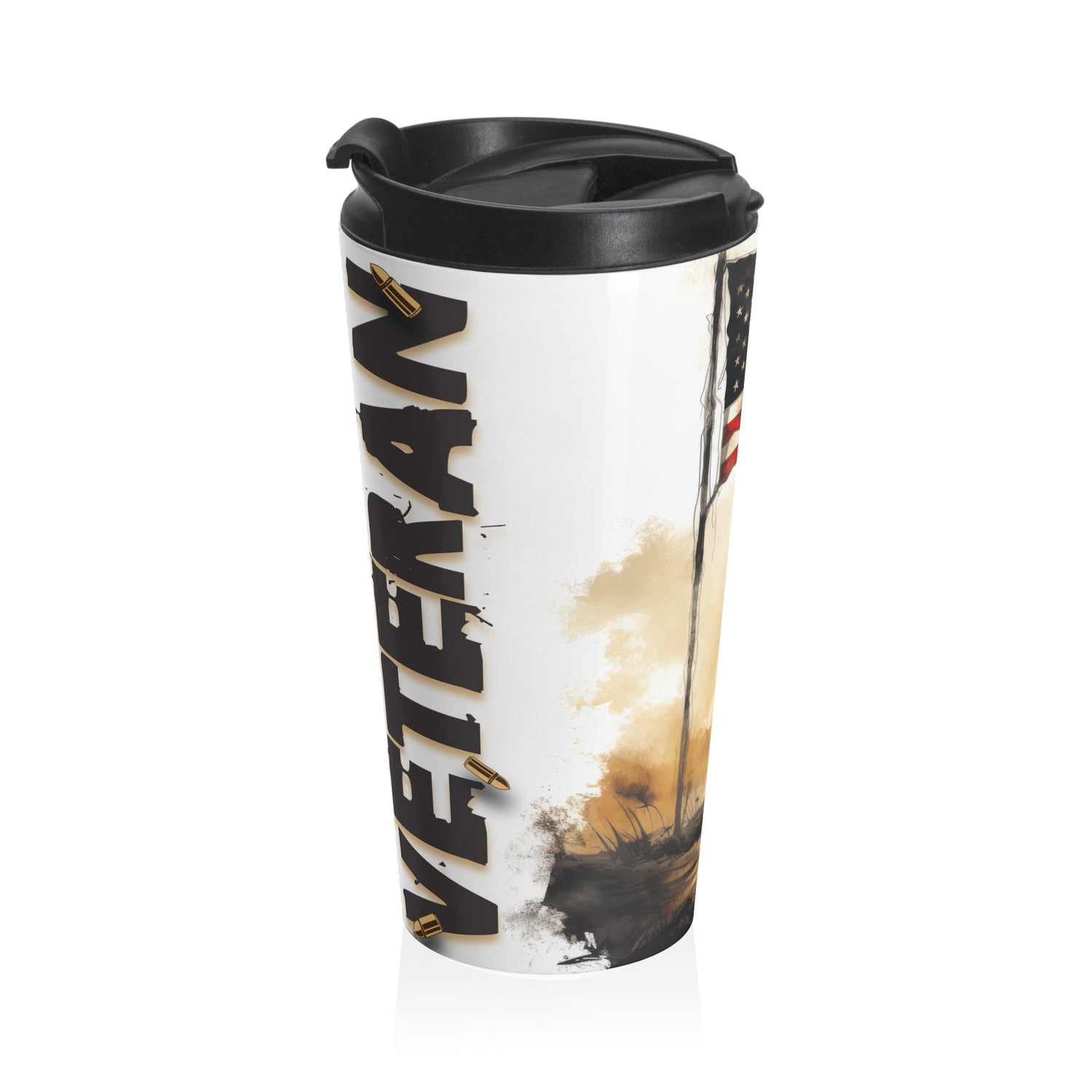 Veteran W/ Flag, 15oz Travel Mug, American Flag Stainless Steel Tumbler, Military Support Coffee Cup, Veteran Gift Idea - Old Glory 1776 Apparel