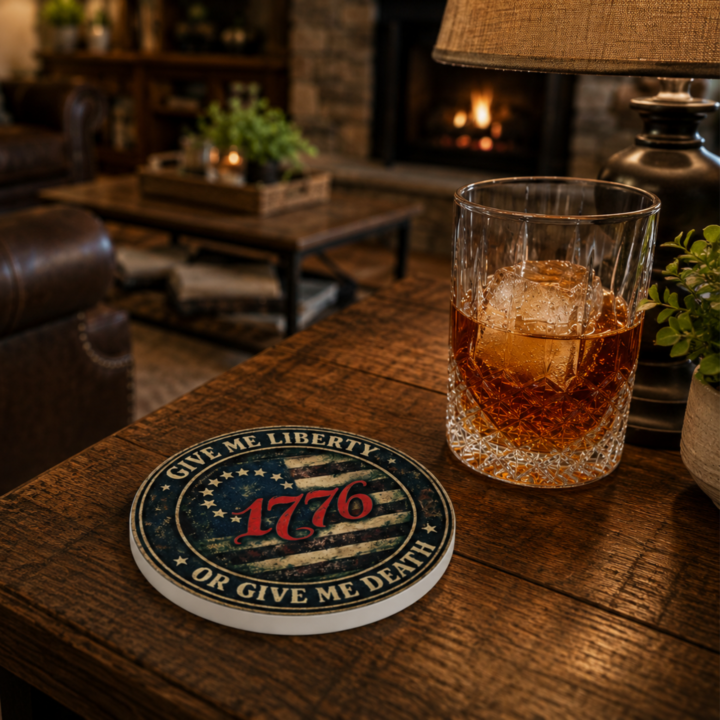 1776 'Give Me Liberty or Give Me Death' Ceramic Coaster — Patriotic American Flag Drink Mat