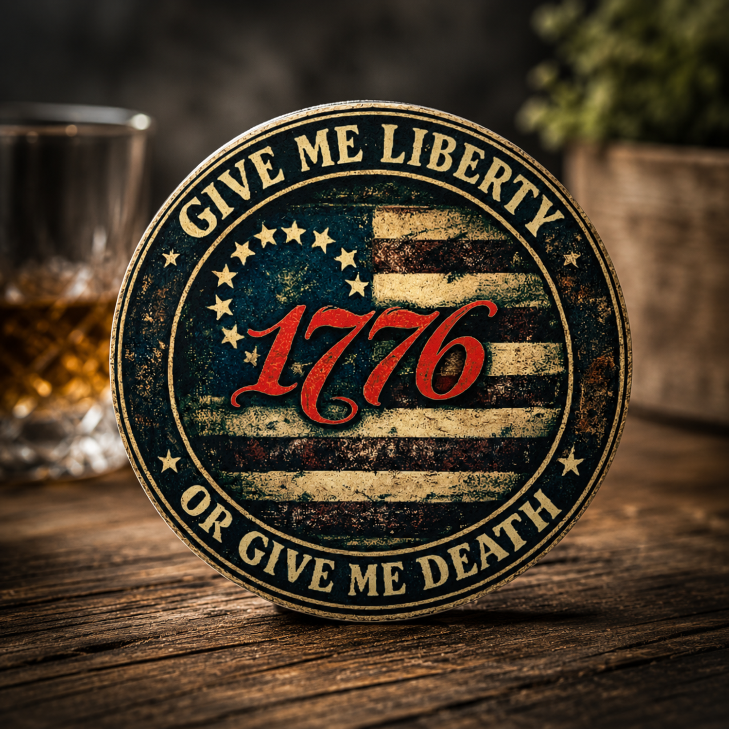 1776 'Give Me Liberty or Give Me Death' Ceramic Coaster — Patriotic American Flag Drink Mat