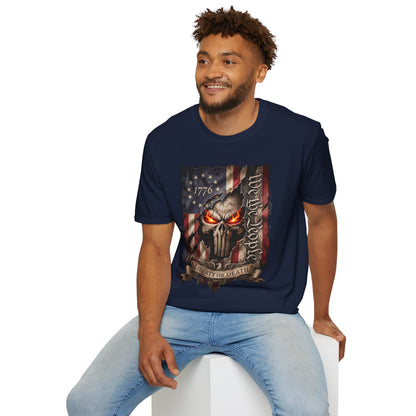 Patriotic Skull T-Shirt — "Liberty or Death" American Flag Graphic