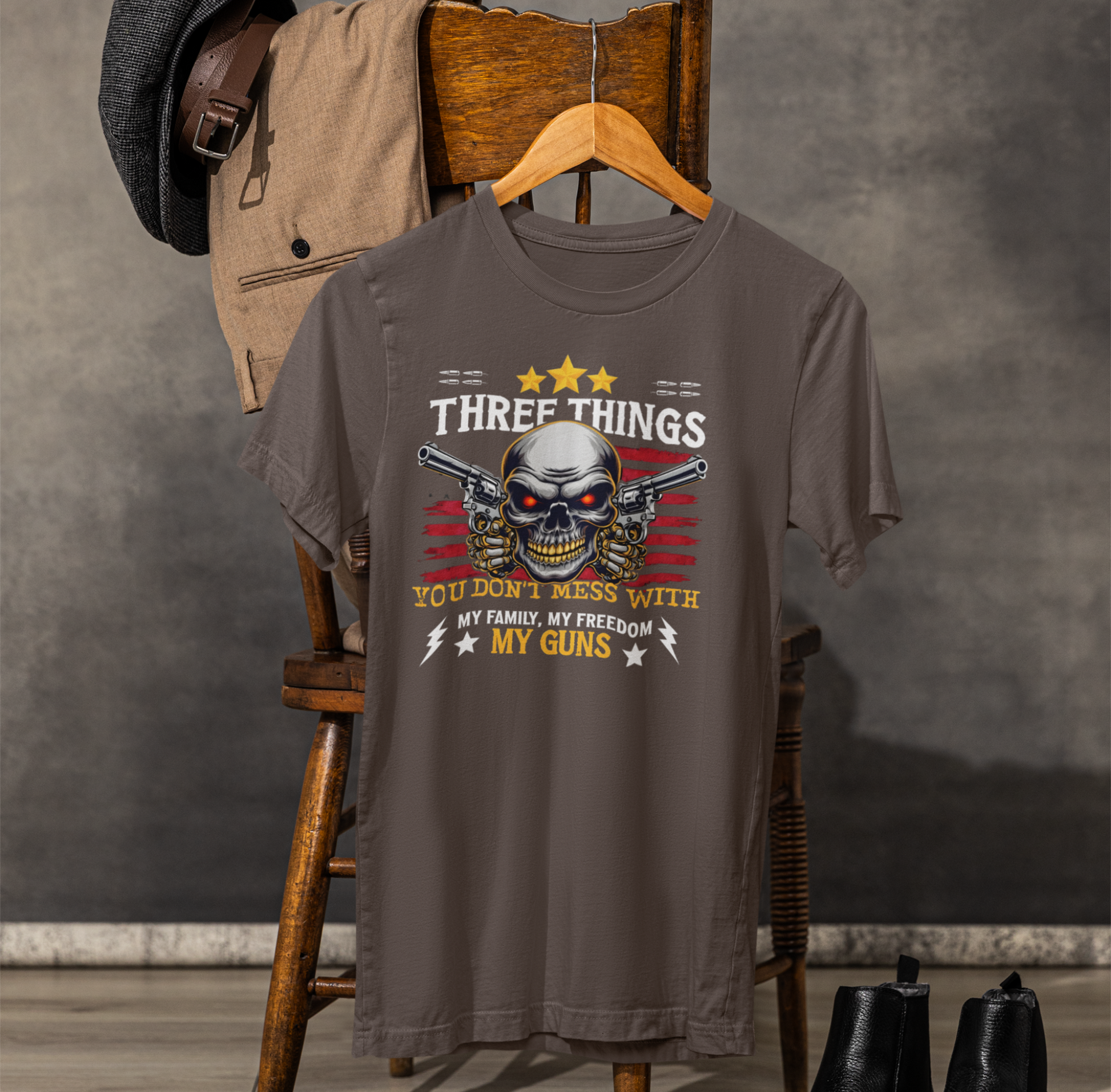 Three Things You Don't Mess With Unisex T-Shirt, My Family, My Freedom, My Guns Tee, Patriotic Shirt, USA Apparel - Premium T-Shirt from Old Glory 1776 Apparel - Just $26.99! Shop now at Old Glory 1776 Apparel