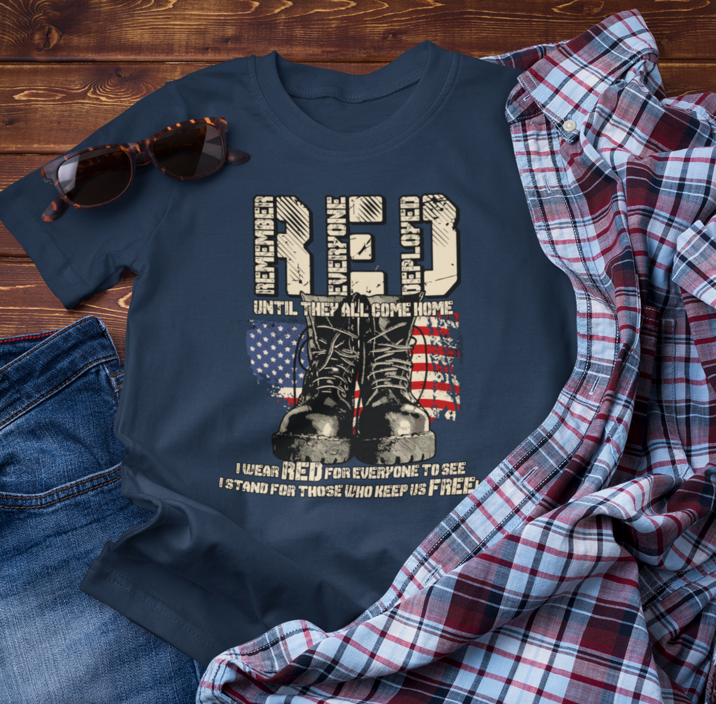 RED Remember Everyone Deployed Unisex Tee, Patriotic Military Support Shirt, Wear RED Friday until Everyone Comes Home, Veteran Apparel - Premium T-Shirt from Old Glory 1776 Apparel - Just $26.99! Shop now at Old Glory 1776 Apparel