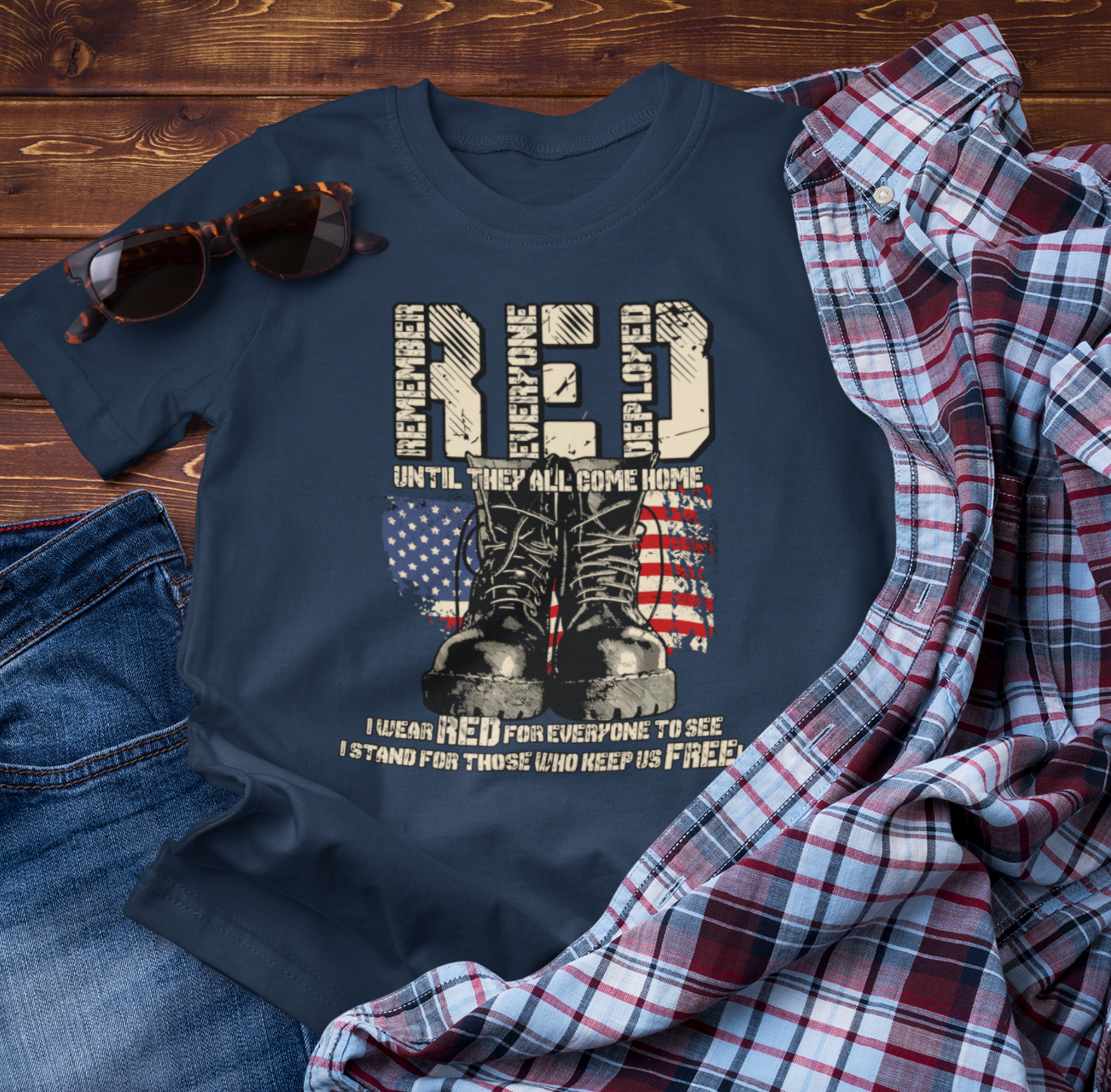 RED Remember Everyone Deployed Unisex Tee, Patriotic Military Support Shirt, Wear RED Friday until Everyone Comes Home, Veteran Apparel - Premium T-Shirt from Old Glory 1776 Apparel - Just $26.99! Shop now at Old Glory 1776 Apparel