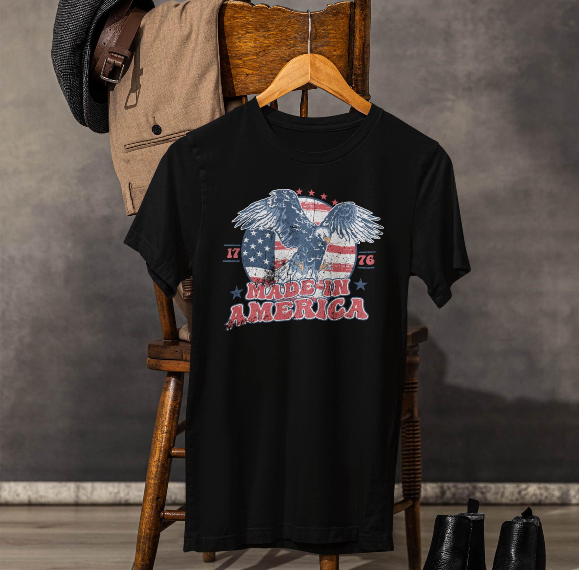 Vintage American Eagle Tee, "Made In America" Patriotic Shirt, Eagle and Flag Design, USA Tee - Old Glory 1776 Apparel