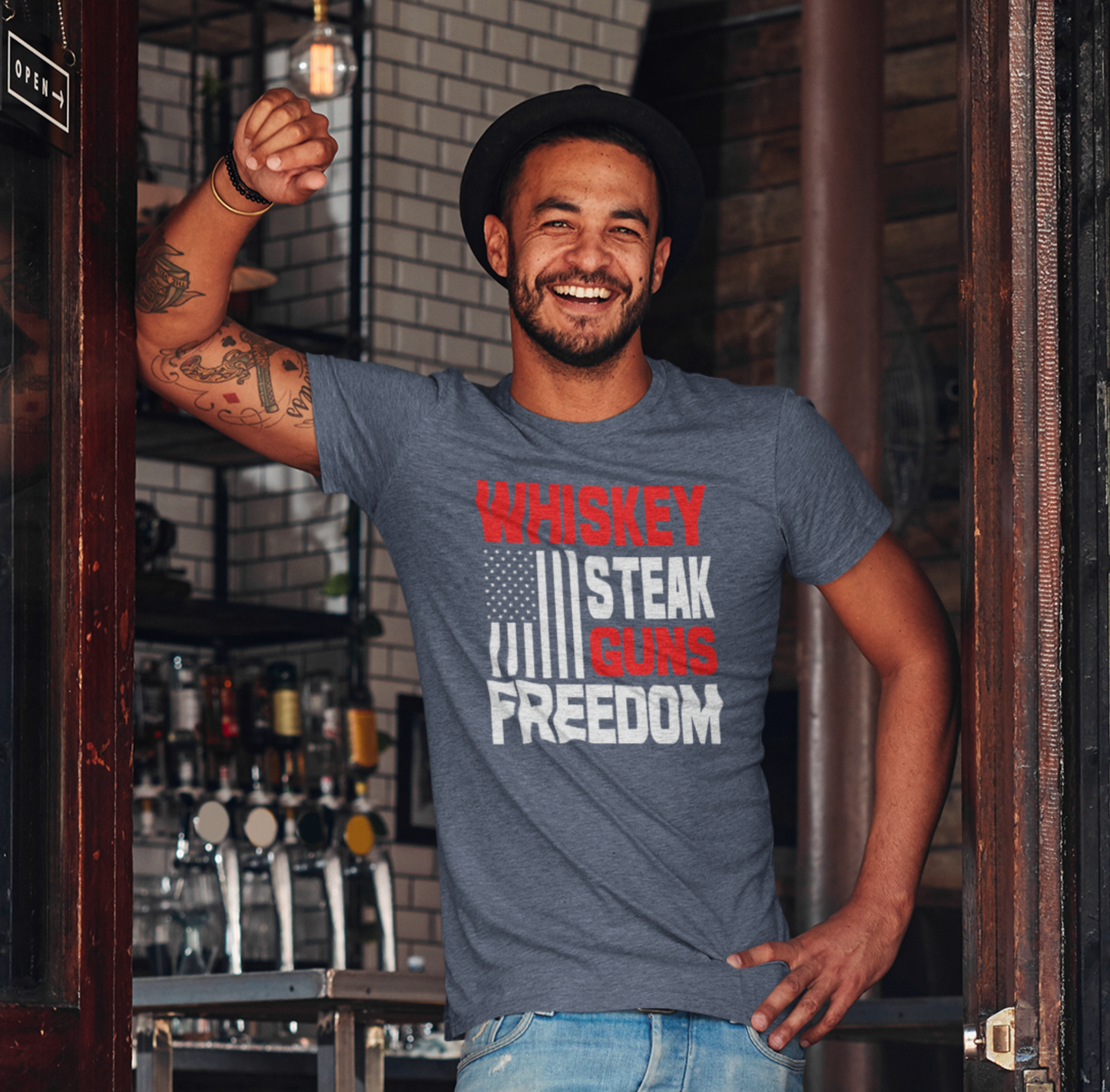 Whiskey, Steak, Guns & Freedom Patriotic Unisex T-Shirt, American Flag, Freedom Tee, USA gift